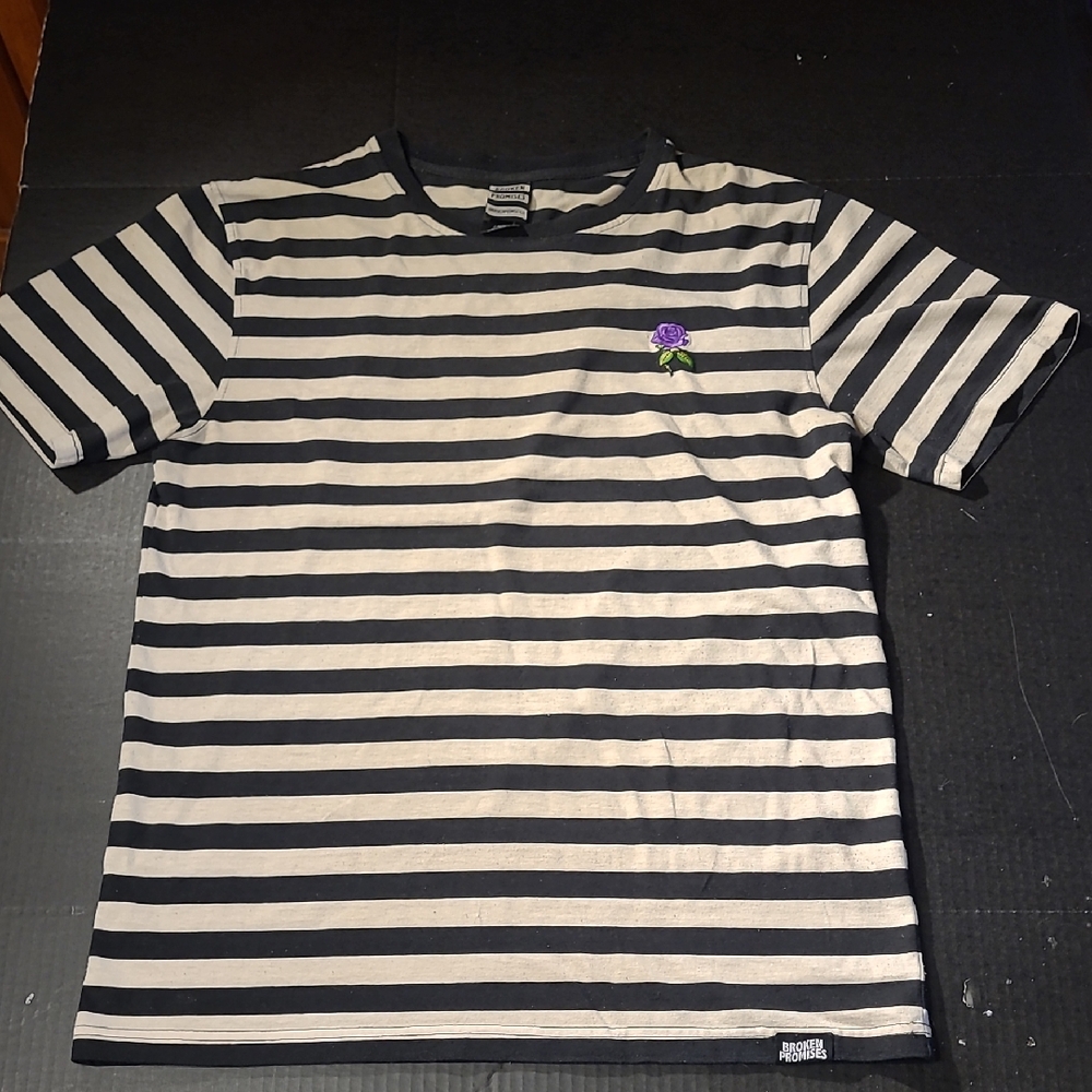 BROKEN PROMISES Striped Black and White T-Shirt with Purple Rose
